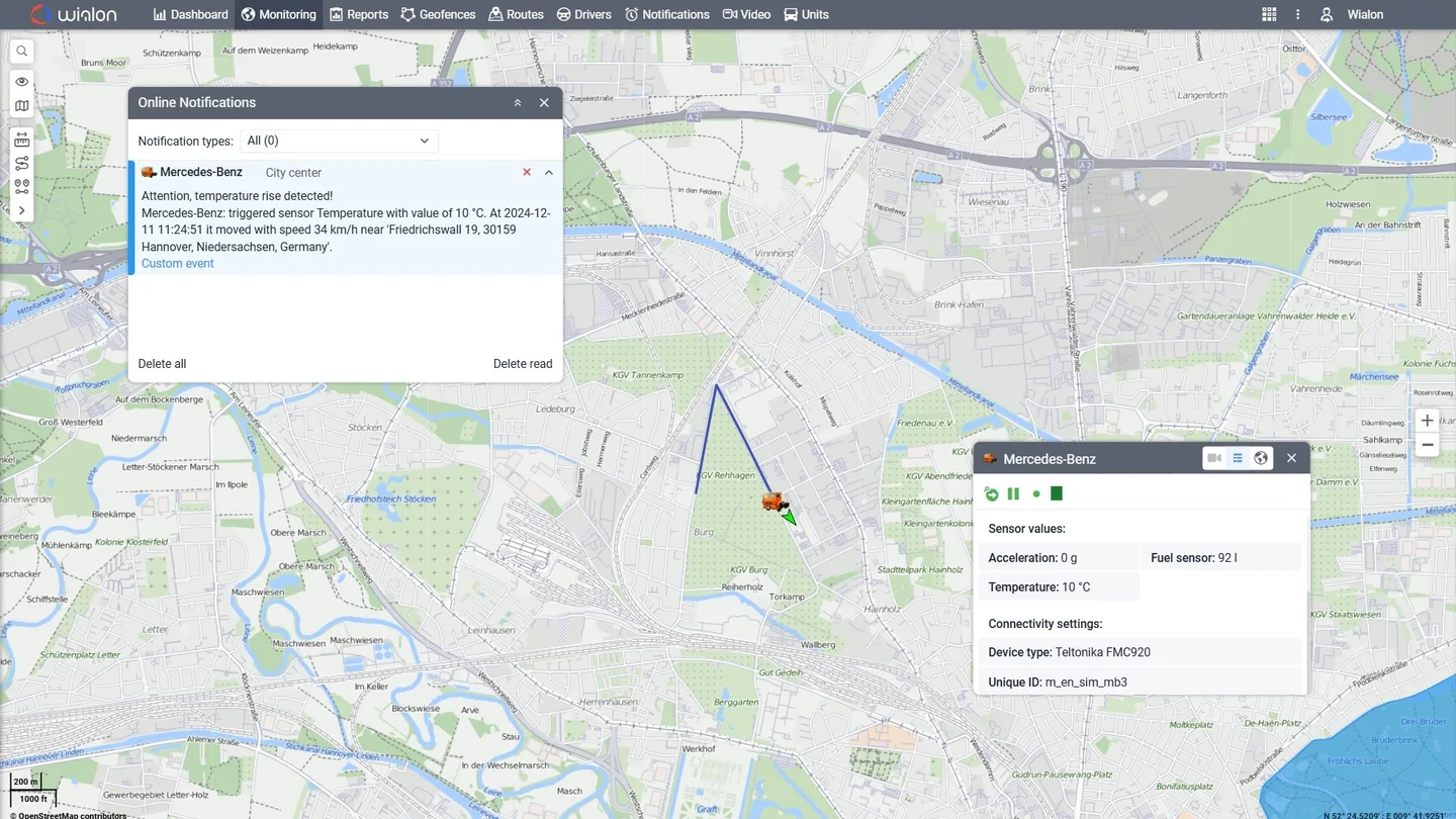 Wialon — Panel monitoringu — mapa, pojazdy i zdarzenia